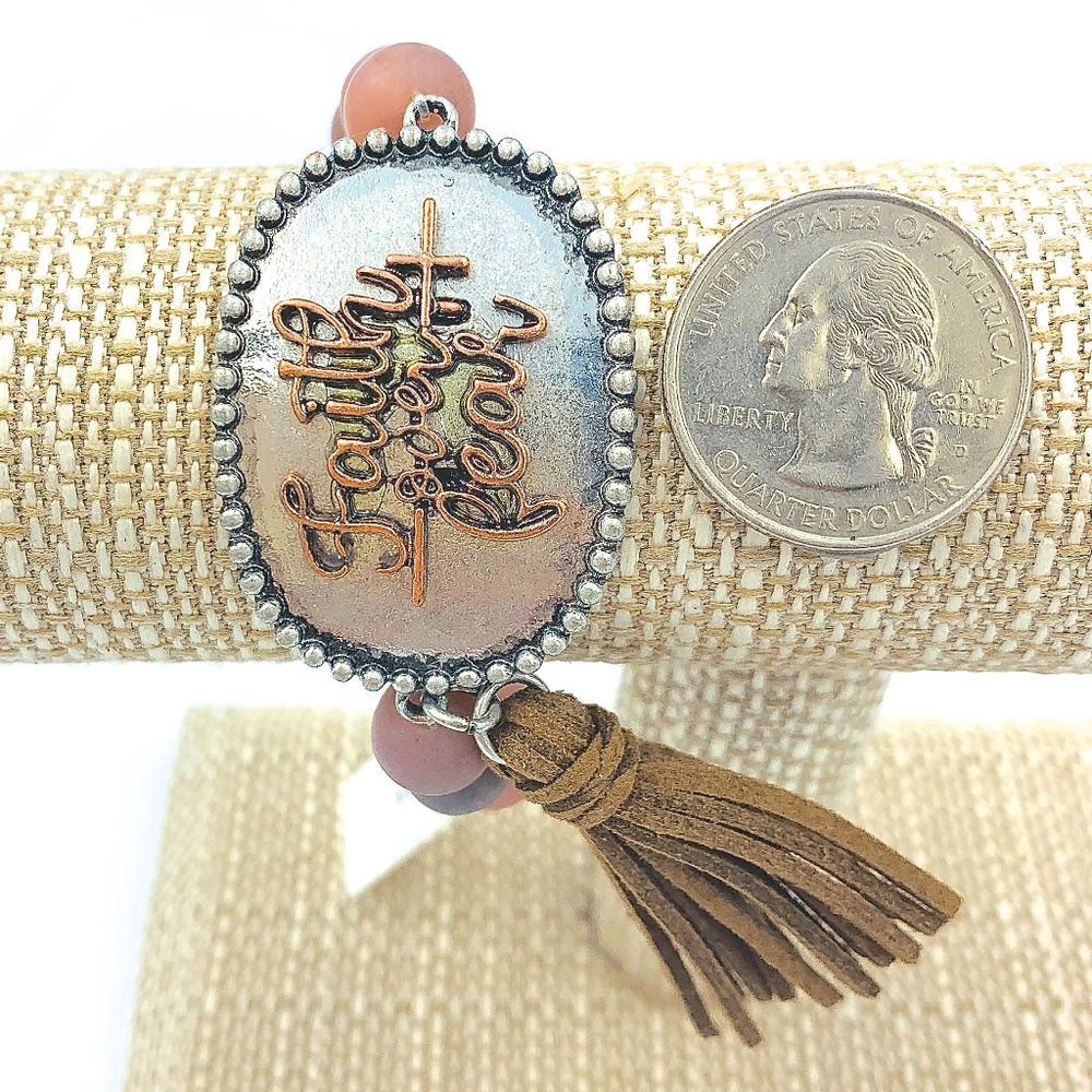 "FAITH OVER FEAR" Stretch Beaded Tassel Bracelet - Pink